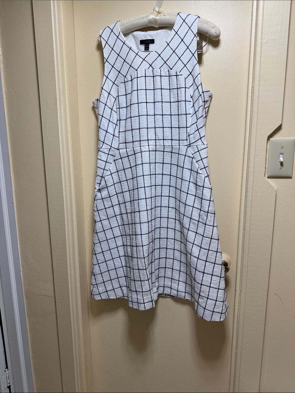 J. Crew White Midi Dress with Black Windowpane Check
